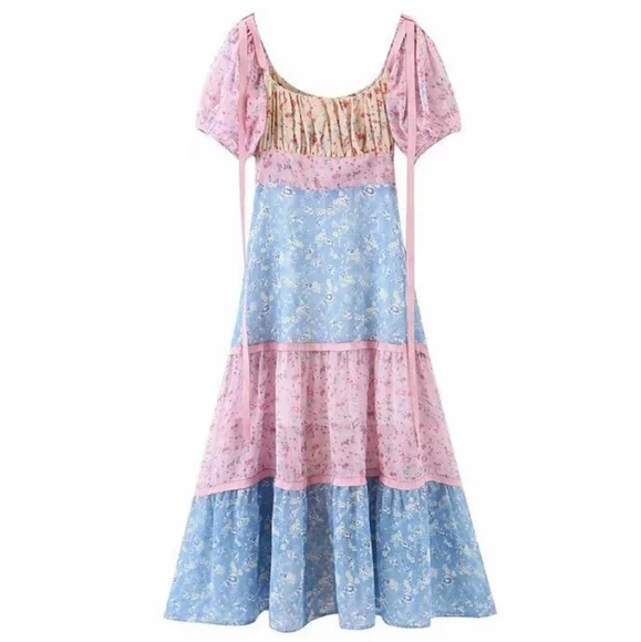 Floral Chiffon Multi-Color Square Neck Puff Sleeve Maxi Dress - Picture 12 of 16